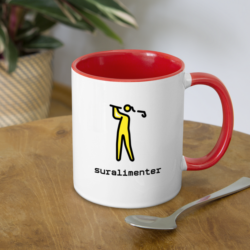 Customizable Woman Golfing Moji + Suralimenter Text (Two-Sided) Contrast Coffee Mug - Emoji.Express - white/red