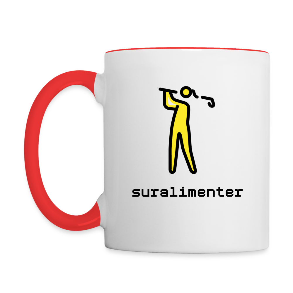 Customizable Woman Golfing Moji + Suralimenter Text (Two-Sided) Contrast Coffee Mug - Emoji.Express - white/red