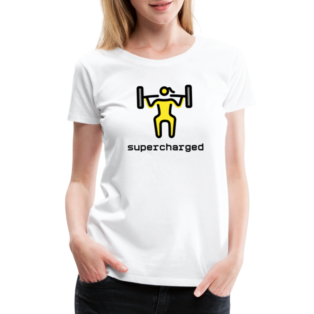 Customizable Woman Lifting Weights Moji + "Supercharged" Text Women's Cut Premium T-Shirt - Emoji.Express - white