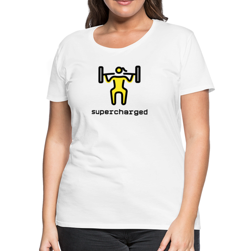 Customizable Woman Lifting Weights Moji + "Supercharged" Text Women's Cut Premium T-Shirt - Emoji.Express - white