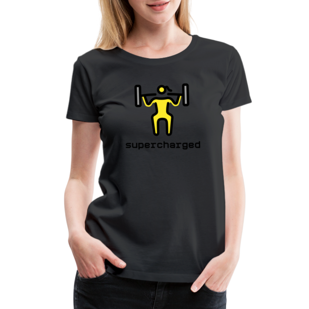 Customizable Woman Lifting Weights Moji + "Supercharged" Text Women's Cut Premium T-Shirt - Emoji.Express - black