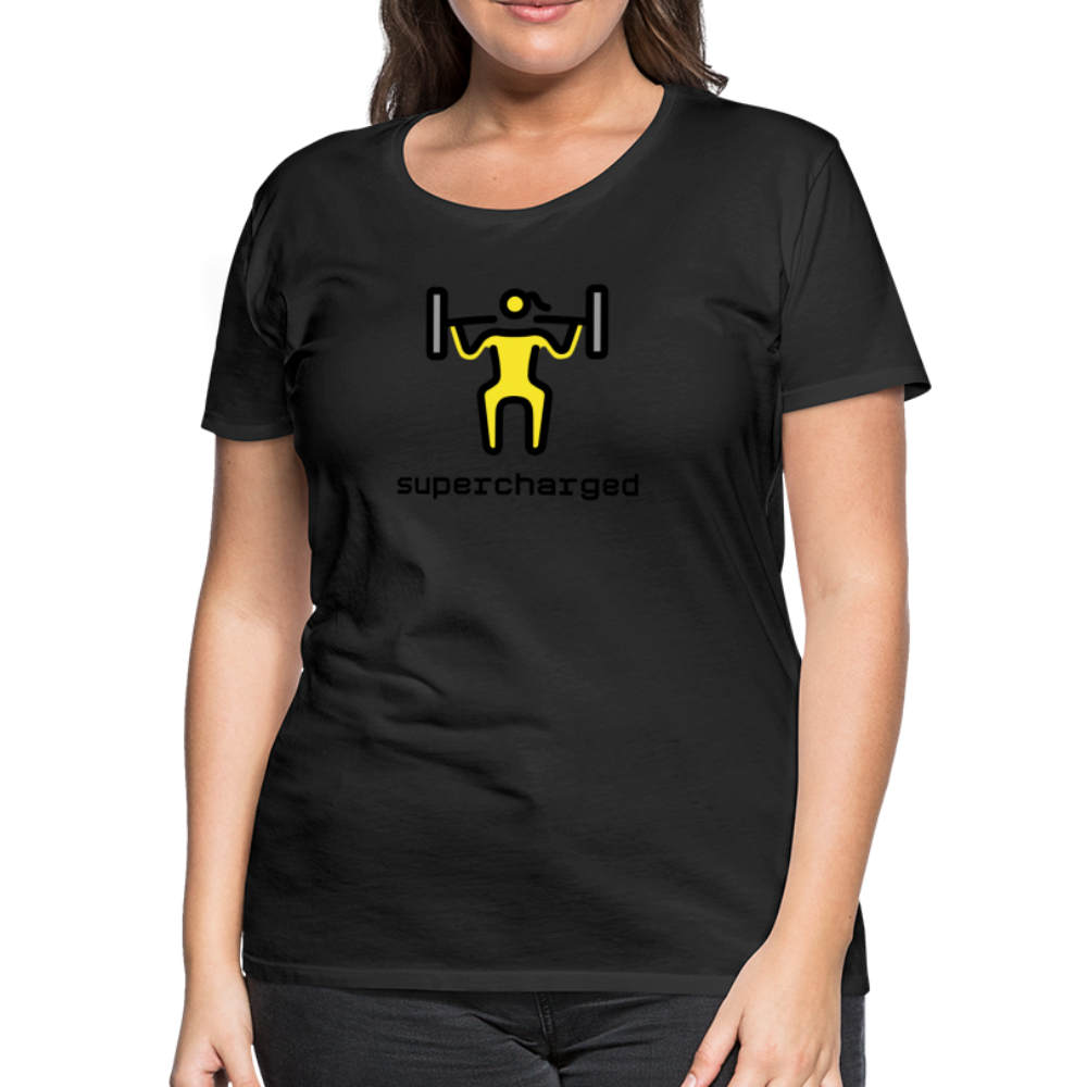 Customizable Woman Lifting Weights Moji + "Supercharged" Text Women's Cut Premium T-Shirt - Emoji.Express - black