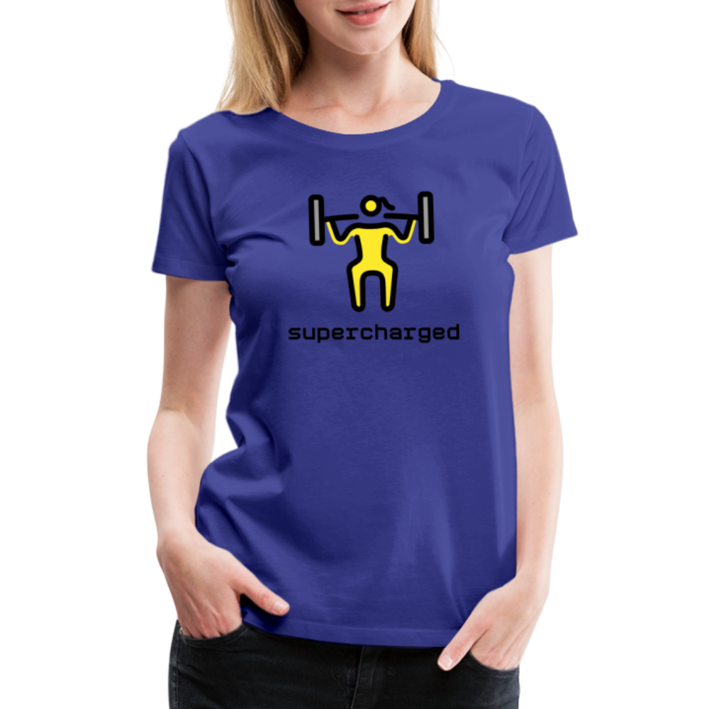 Customizable Woman Lifting Weights Moji + "Supercharged" Text Women's Cut Premium T-Shirt - Emoji.Express - royal blue