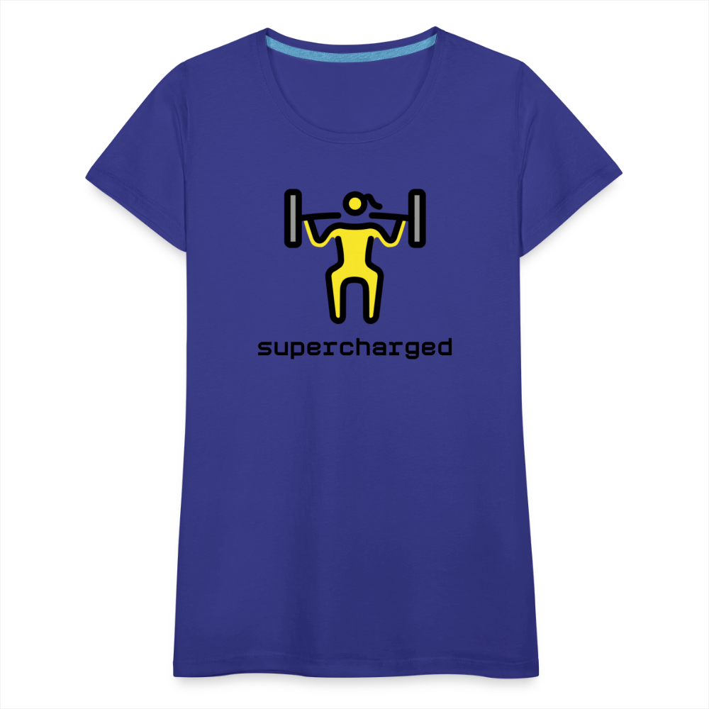 Customizable Woman Lifting Weights Moji + "Supercharged" Text Women's Cut Premium T-Shirt - Emoji.Express - royal blue