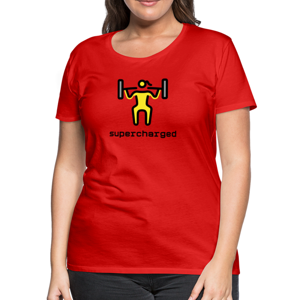 Customizable Woman Lifting Weights Moji + "Supercharged" Text Women's Cut Premium T-Shirt - Emoji.Express - red