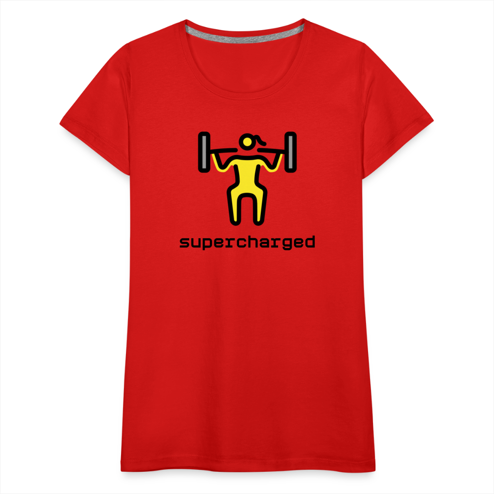 Customizable Woman Lifting Weights Moji + "Supercharged" Text Women's Cut Premium T-Shirt - Emoji.Express - red