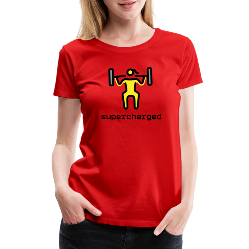 Customizable Woman Lifting Weights Moji + "Supercharged" Text Women's Cut Premium T-Shirt - Emoji.Express - red