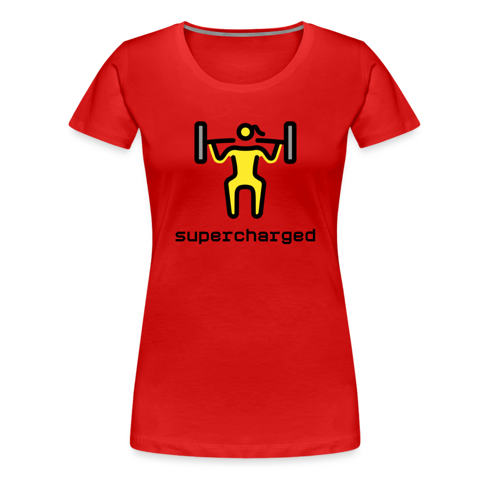 Customizable Woman Lifting Weights Moji + "Supercharged" Text Women's Cut Premium T-Shirt - Emoji.Express - red