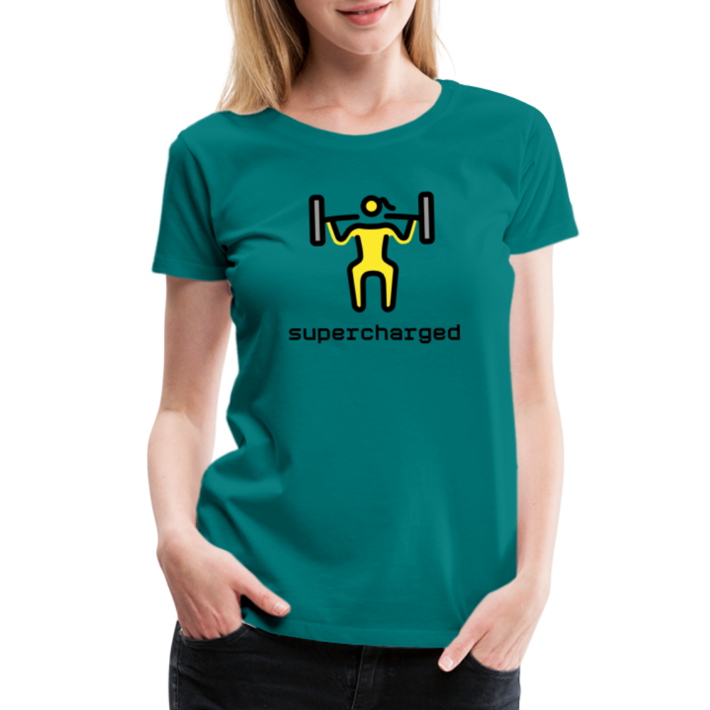 Customizable Woman Lifting Weights Moji + "Supercharged" Text Women's Cut Premium T-Shirt - Emoji.Express - teal