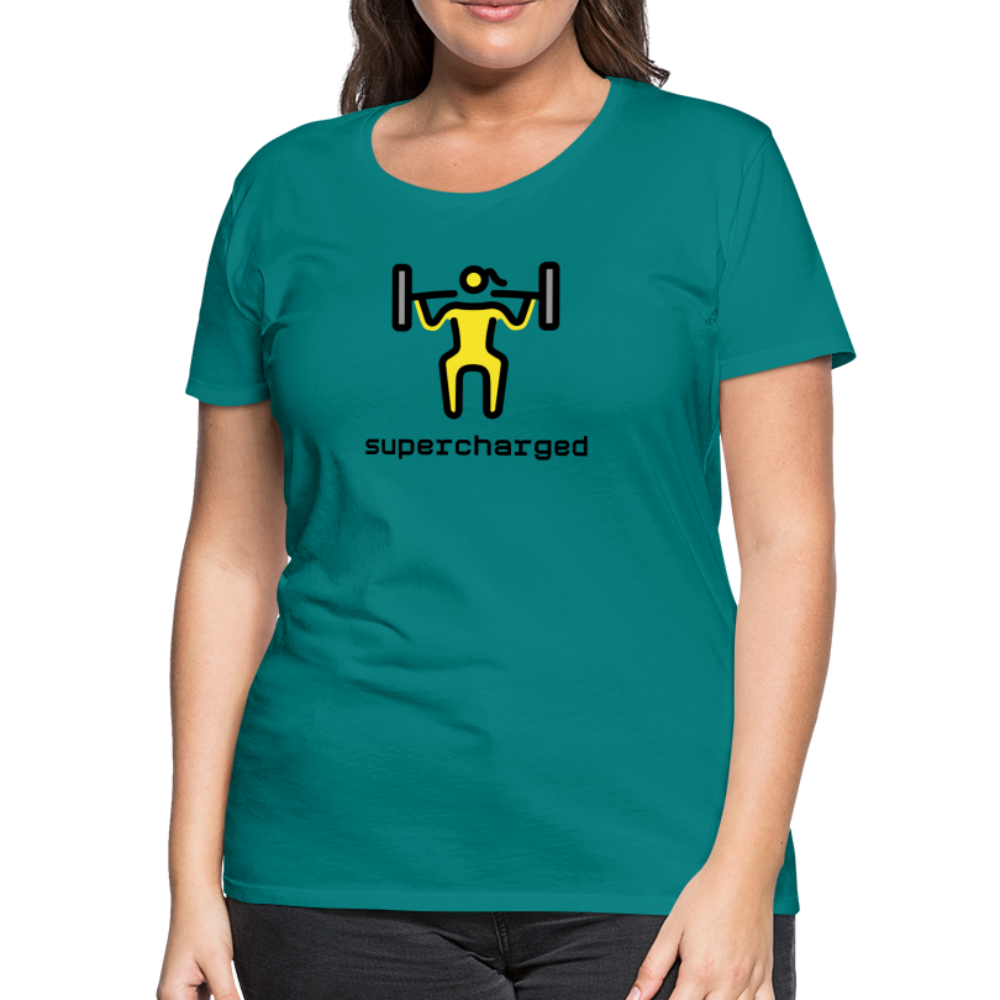 Customizable Woman Lifting Weights Moji + "Supercharged" Text Women's Cut Premium T-Shirt - Emoji.Express - teal