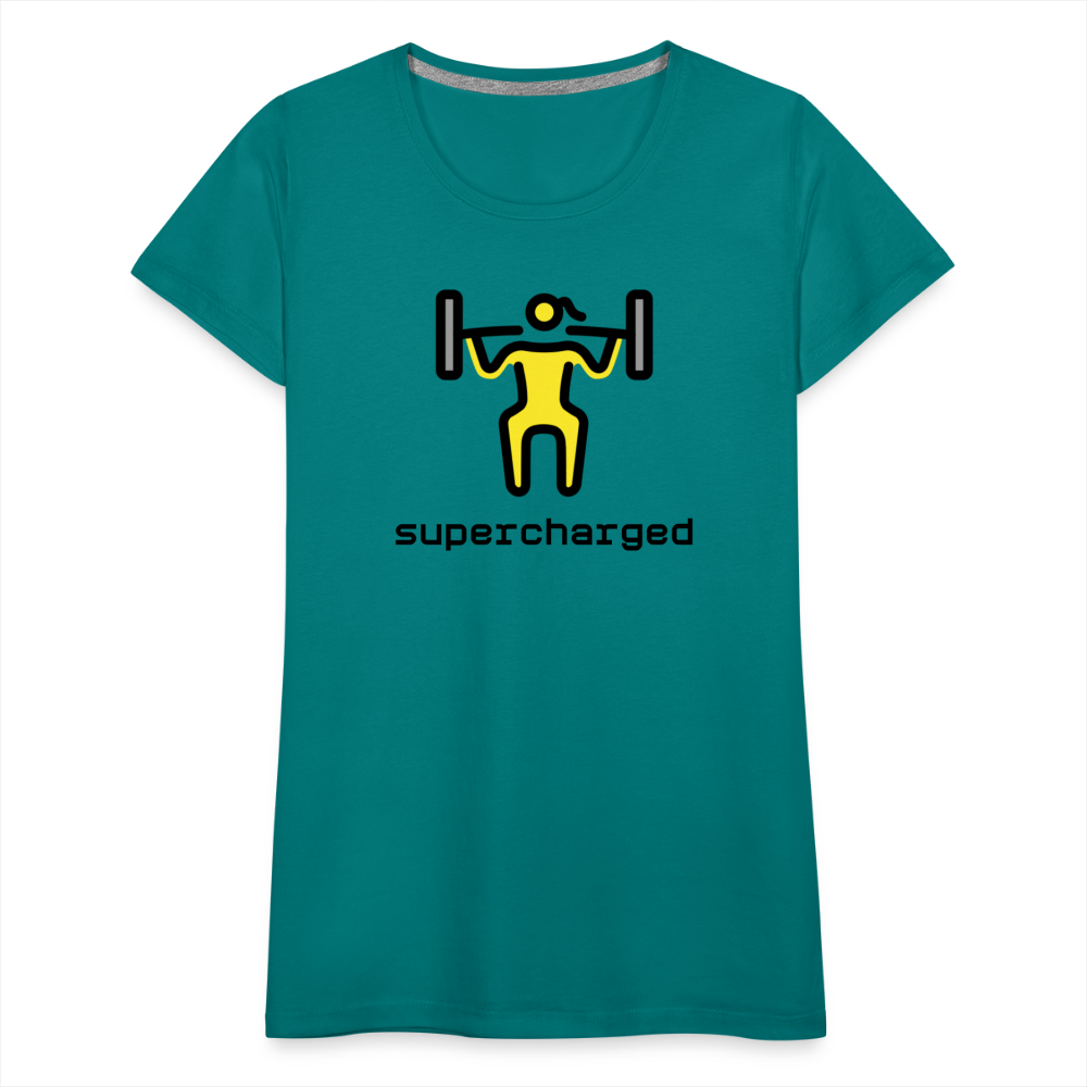 Customizable Woman Lifting Weights Moji + "Supercharged" Text Women's Cut Premium T-Shirt - Emoji.Express - teal