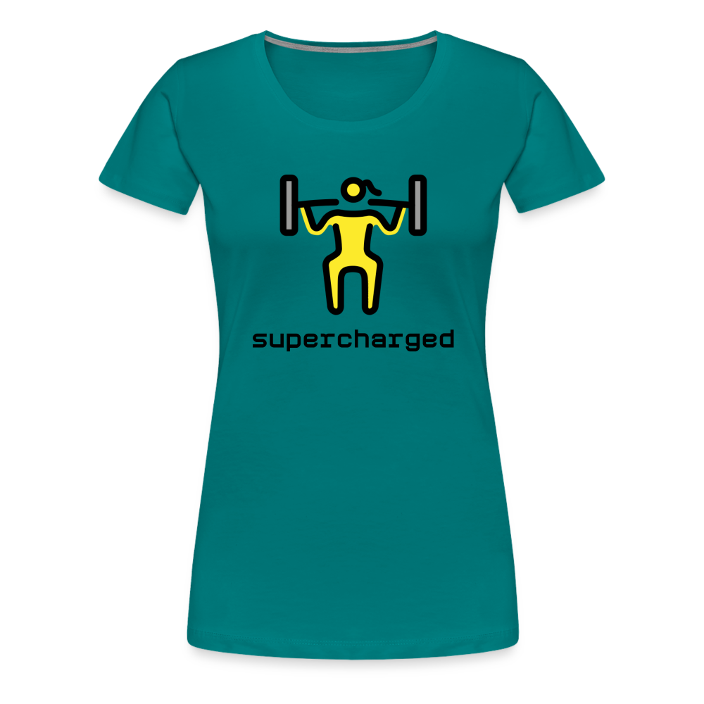 Customizable Woman Lifting Weights Moji + "Supercharged" Text Women's Cut Premium T-Shirt - Emoji.Express - teal