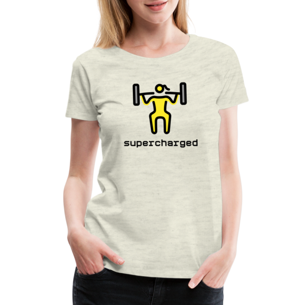 Customizable Woman Lifting Weights Moji + "Supercharged" Text Women's Cut Premium T-Shirt - Emoji.Express - heather oatmeal