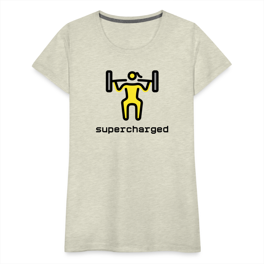 Customizable Woman Lifting Weights Moji + "Supercharged" Text Women's Cut Premium T-Shirt - Emoji.Express - heather oatmeal