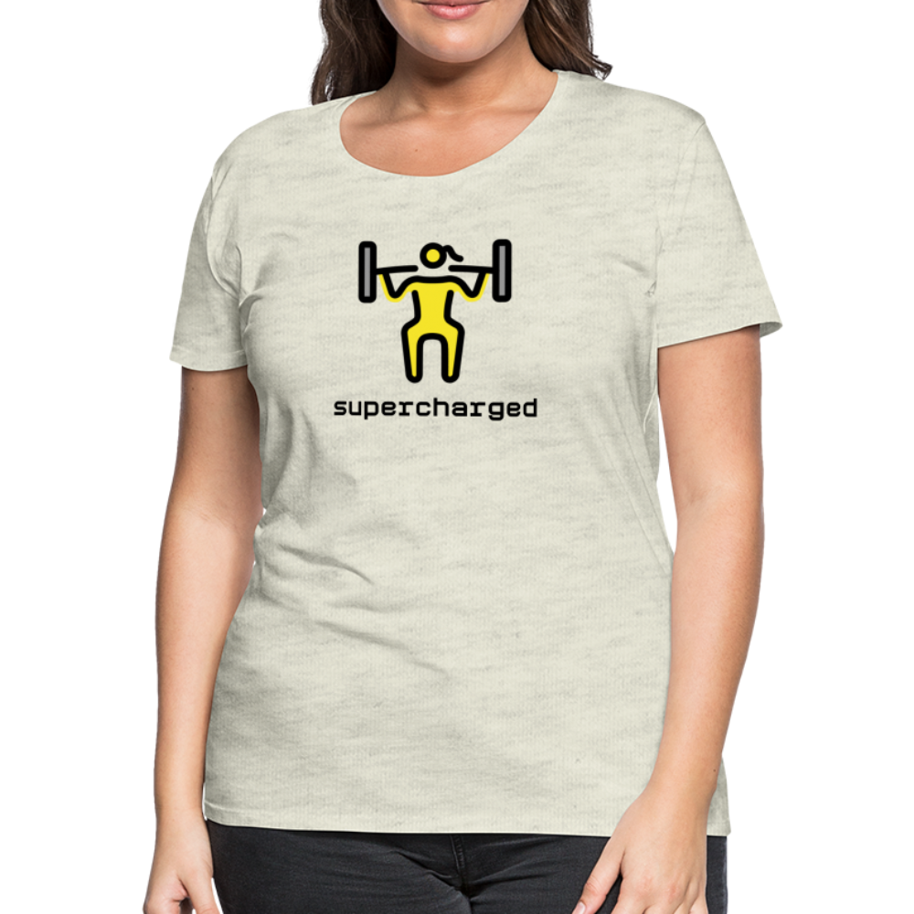 Customizable Woman Lifting Weights Moji + "Supercharged" Text Women's Cut Premium T-Shirt - Emoji.Express - heather oatmeal