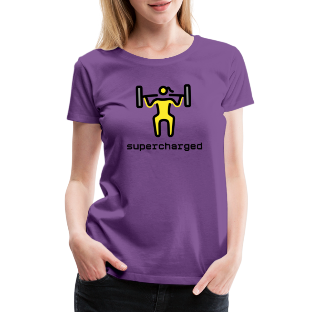 Customizable Woman Lifting Weights Moji + "Supercharged" Text Women's Cut Premium T-Shirt - Emoji.Express - purple