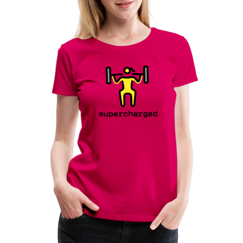 Customizable Woman Lifting Weights Moji + "Supercharged" Text Women's Cut Premium T-Shirt - Emoji.Express - dark pink