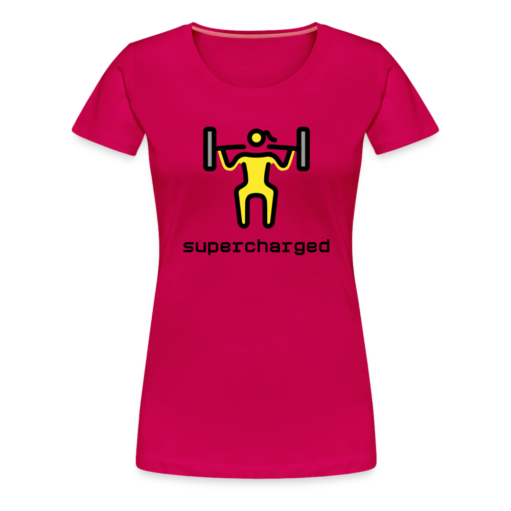 Customizable Woman Lifting Weights Moji + "Supercharged" Text Women's Cut Premium T-Shirt - Emoji.Express - dark pink