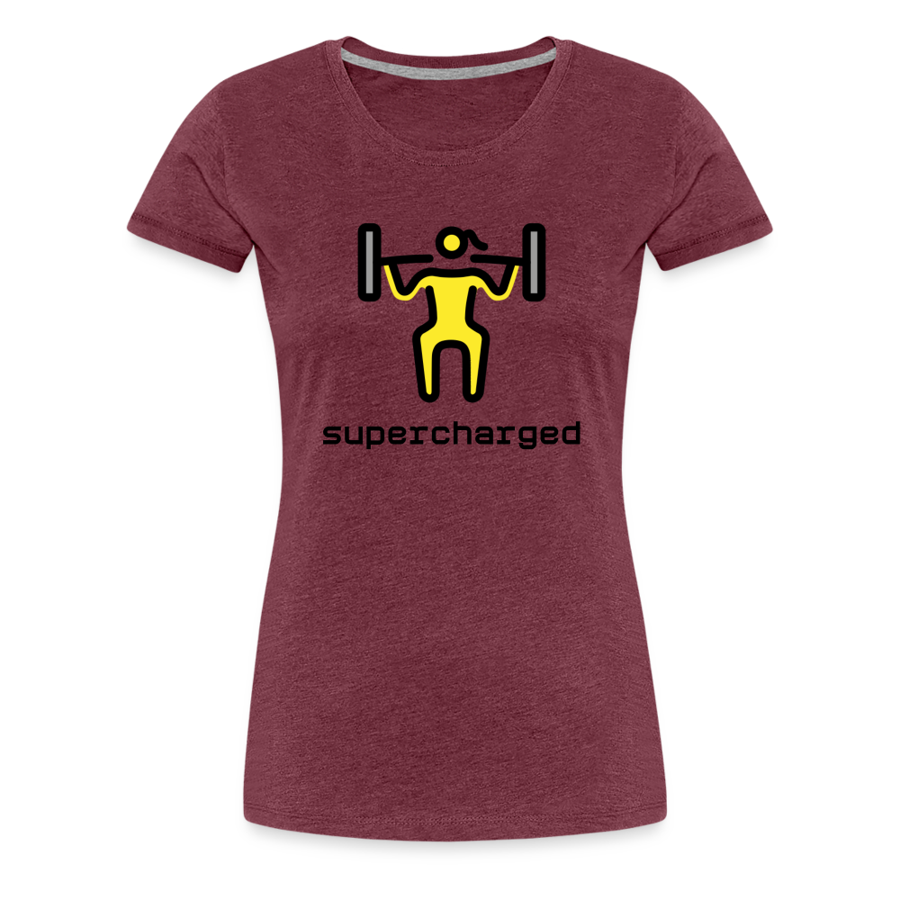 Customizable Woman Lifting Weights Moji + "Supercharged" Text Women's Cut Premium T-Shirt - Emoji.Express - heather burgundy