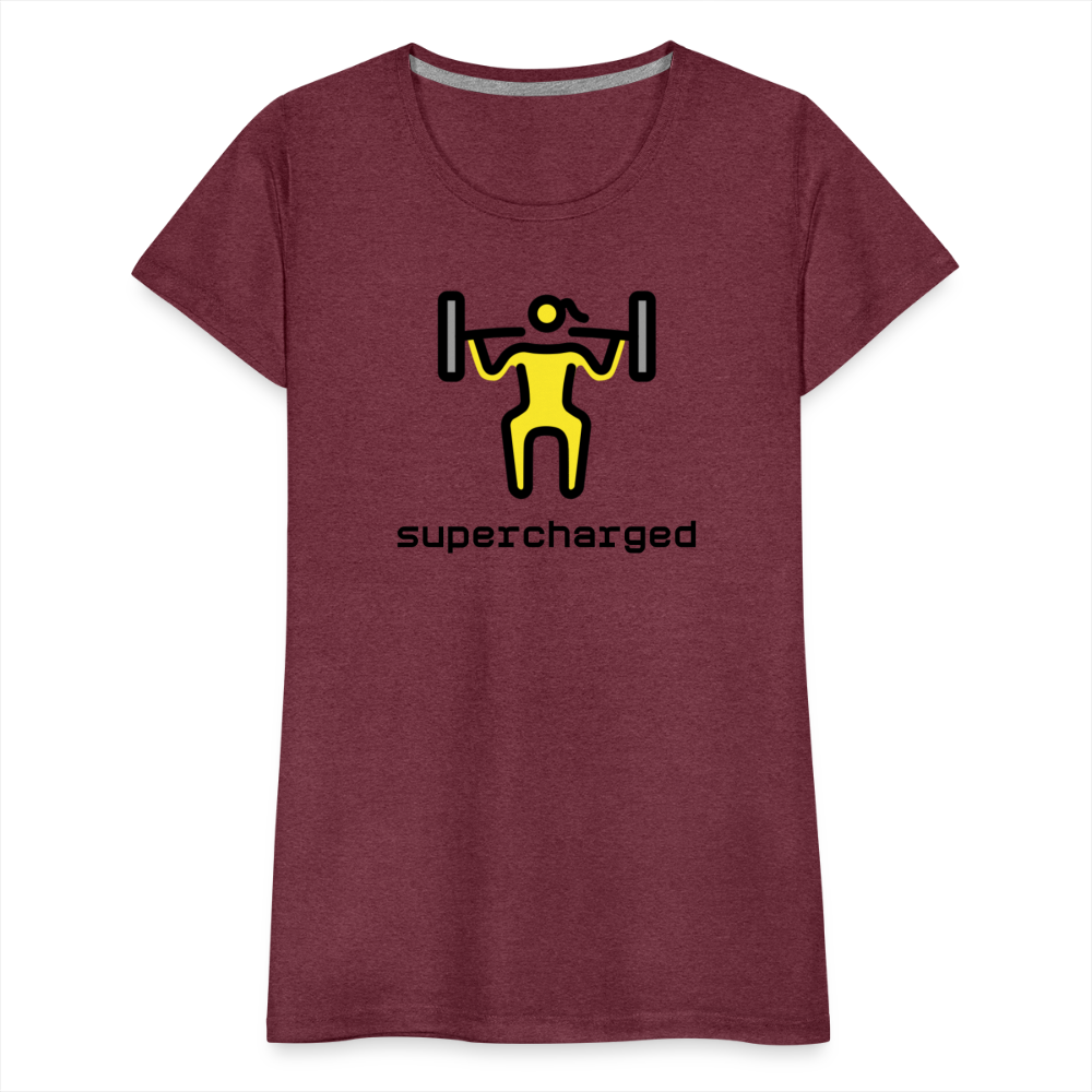 Customizable Woman Lifting Weights Moji + "Supercharged" Text Women's Cut Premium T-Shirt - Emoji.Express - heather burgundy