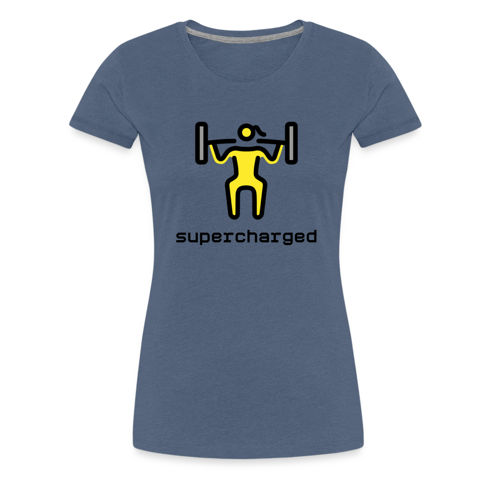 Customizable Woman Lifting Weights Moji + "Supercharged" Text Women's Cut Premium T-Shirt - Emoji.Express - heather blue