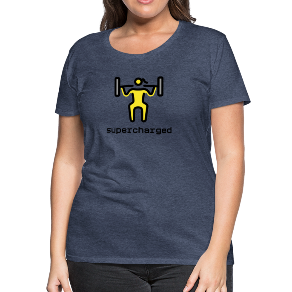 Customizable Woman Lifting Weights Moji + "Supercharged" Text Women's Cut Premium T-Shirt - Emoji.Express - heather blue