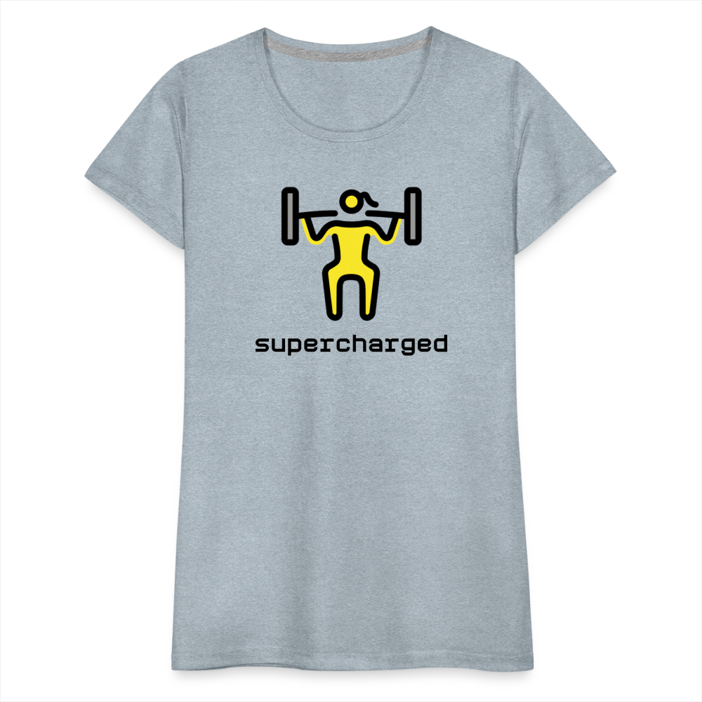 Customizable Woman Lifting Weights Moji + "Supercharged" Text Women's Cut Premium T-Shirt - Emoji.Express - heather ice blue
