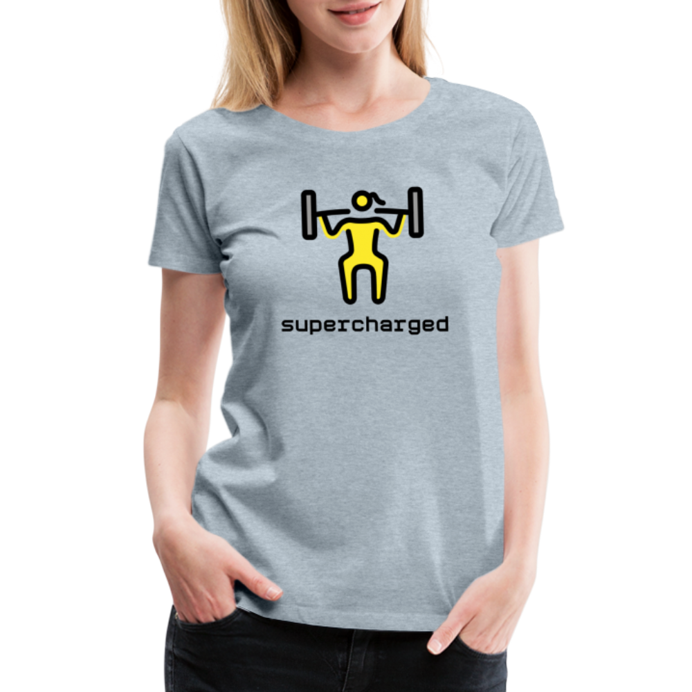 Customizable Woman Lifting Weights Moji + "Supercharged" Text Women's Cut Premium T-Shirt - Emoji.Express - heather ice blue