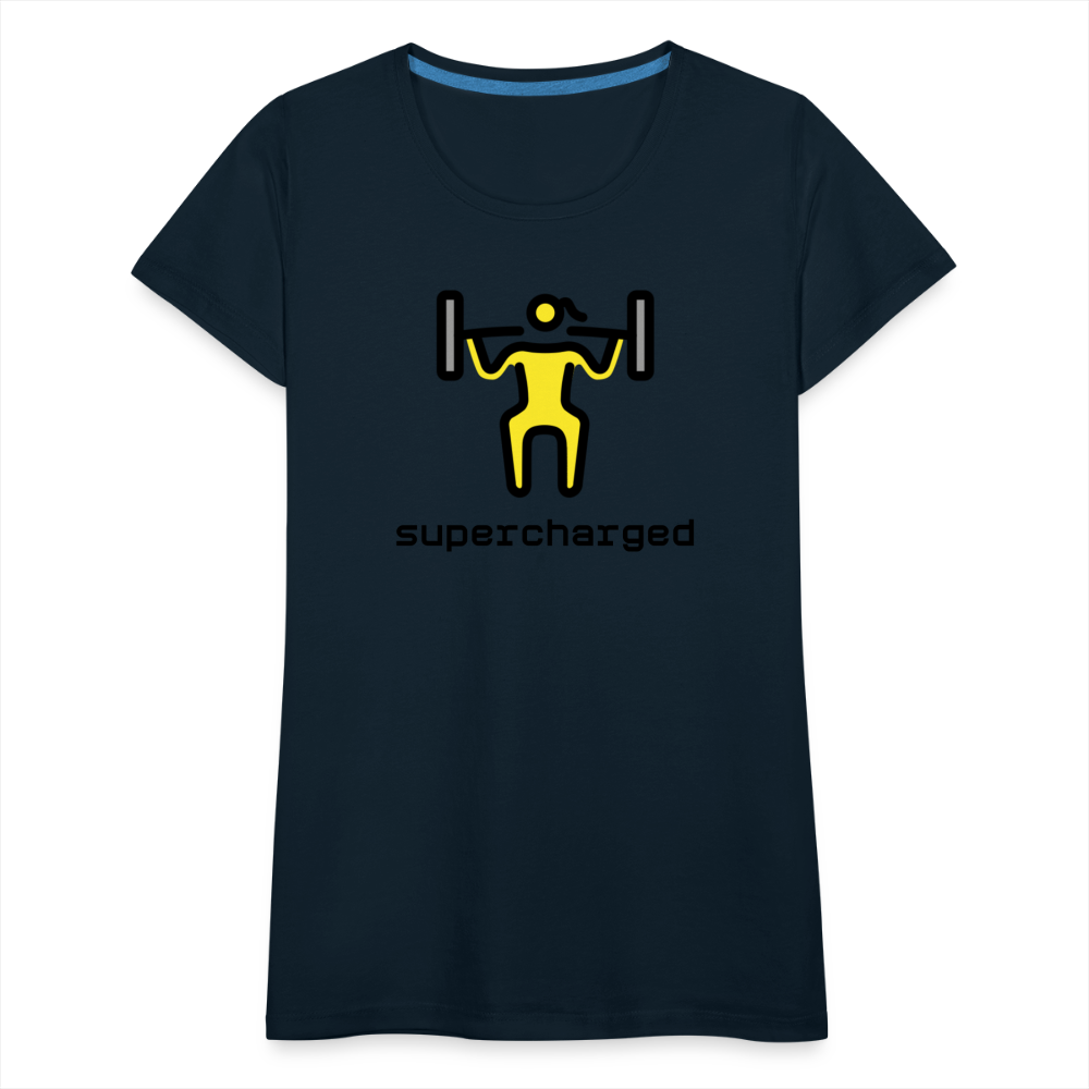 Customizable Woman Lifting Weights Moji + "Supercharged" Text Women's Cut Premium T-Shirt - Emoji.Express - deep navy