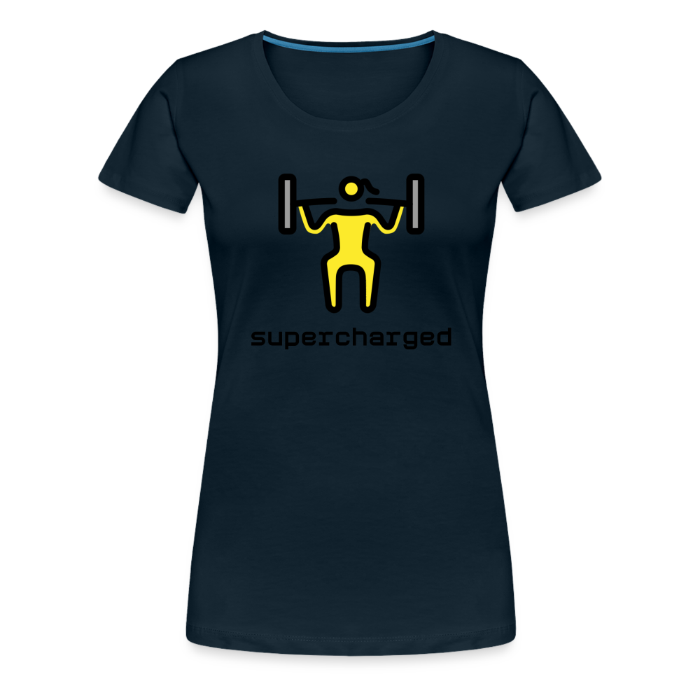 Customizable Woman Lifting Weights Moji + "Supercharged" Text Women's Cut Premium T-Shirt - Emoji.Express - deep navy