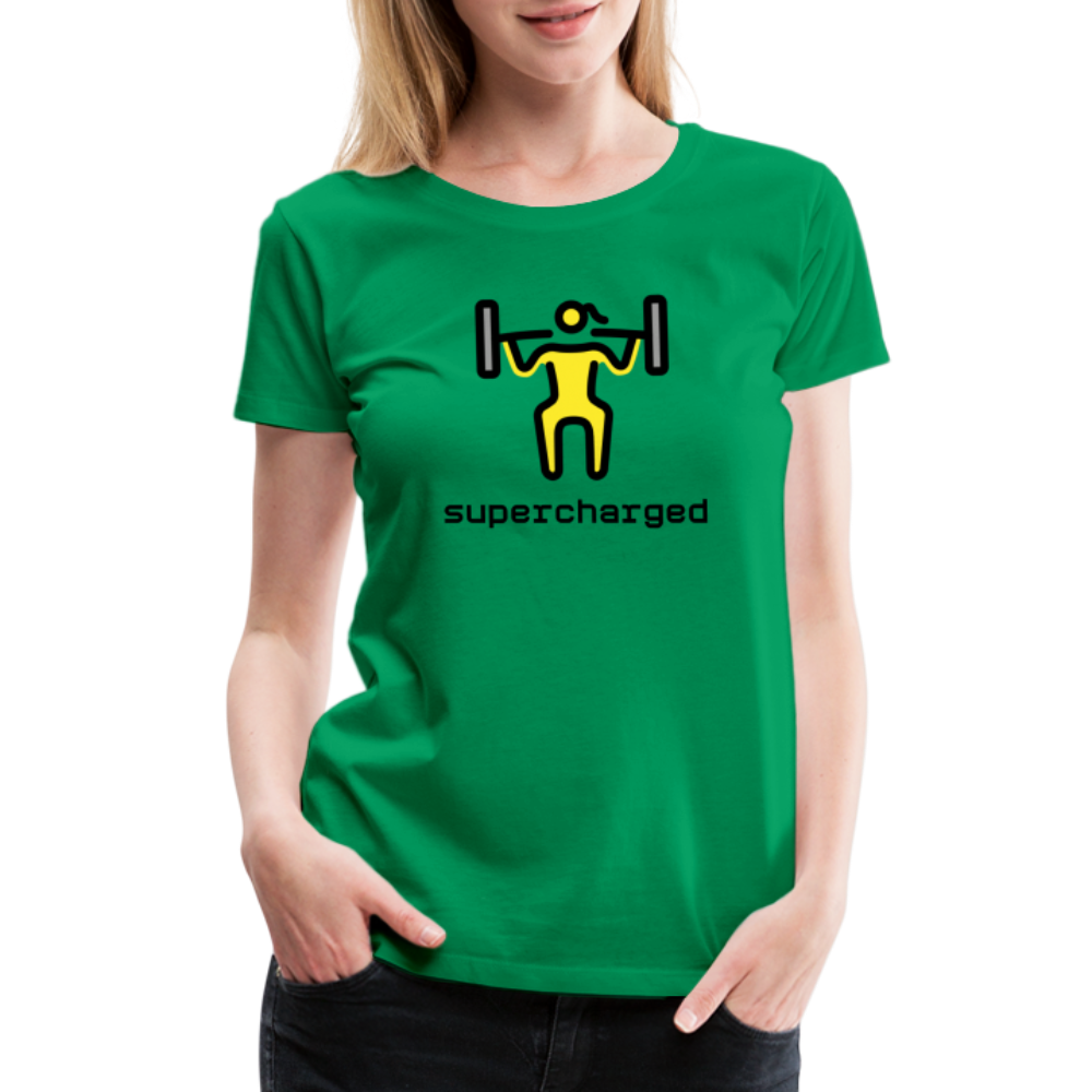 Customizable Woman Lifting Weights Moji + "Supercharged" Text Women's Cut Premium T-Shirt - Emoji.Express - kelly green