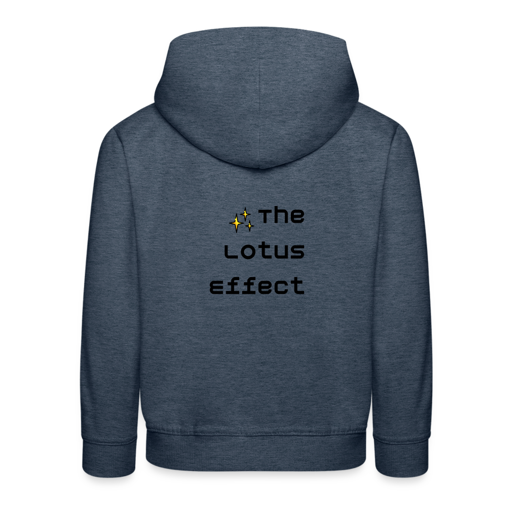 Emoji Expression: Lotus Moji + Sparkles Moji + "The Lotus Effect" Text Kids Premium Hoodie (Two-Sided) - Emoji.Express - heather denim