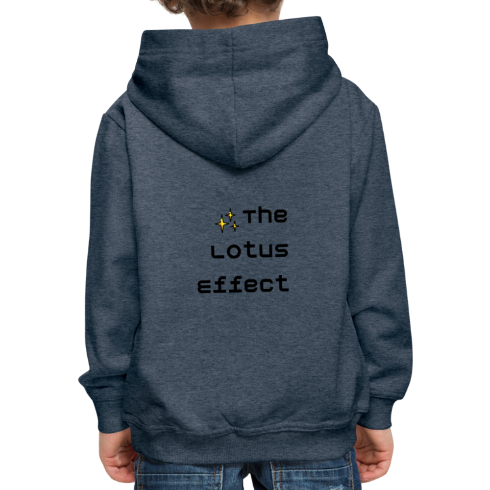 Emoji Expression: Lotus Moji + Sparkles Moji + "The Lotus Effect" Text Kids Premium Hoodie (Two-Sided) - Emoji.Express - heather denim