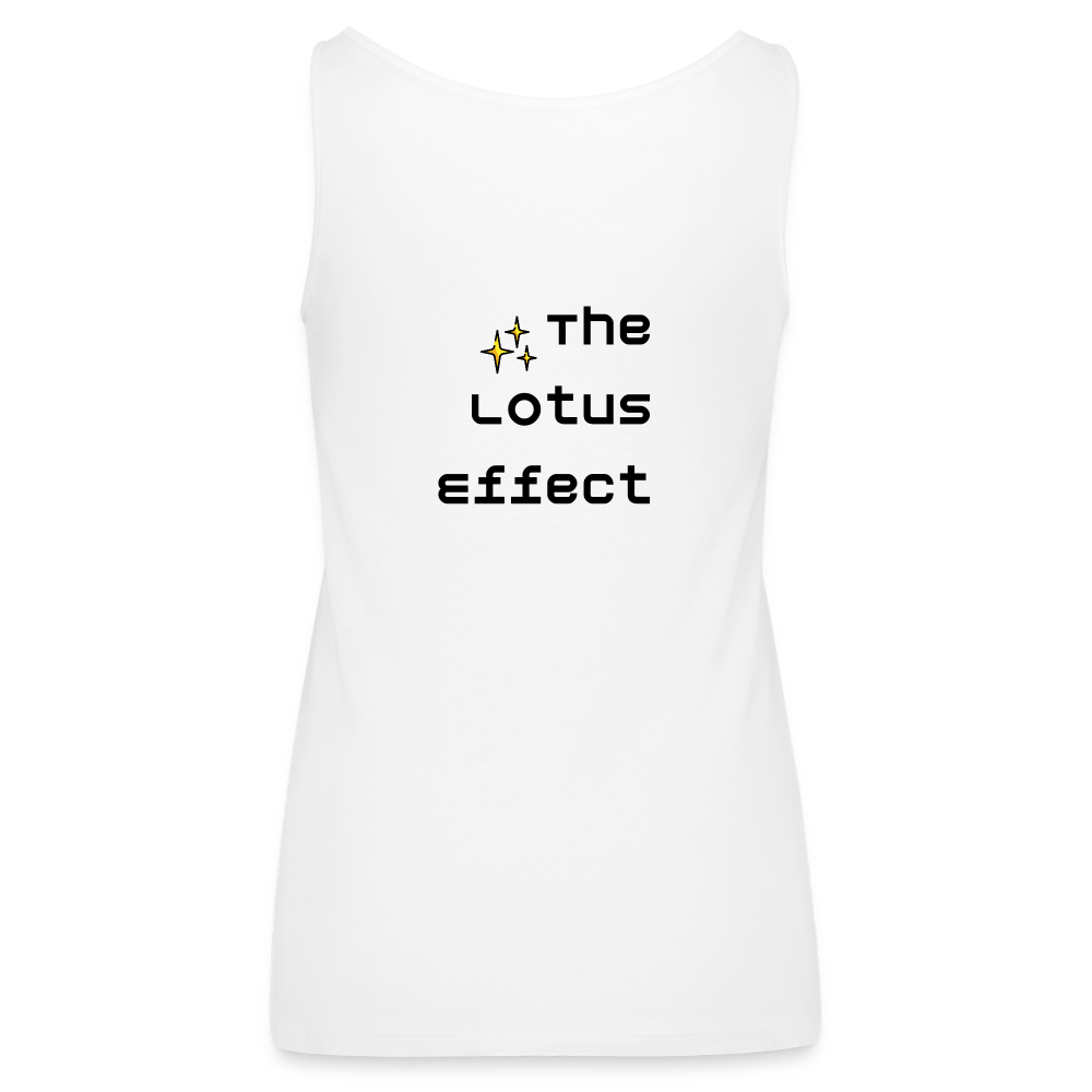 Emoji Expression: Lotus Moji + Sparkles Moji + "The Lotus Effect" Text Women’s Cut Premium Tank Top (Two-Sided) - Emoji.Express - white