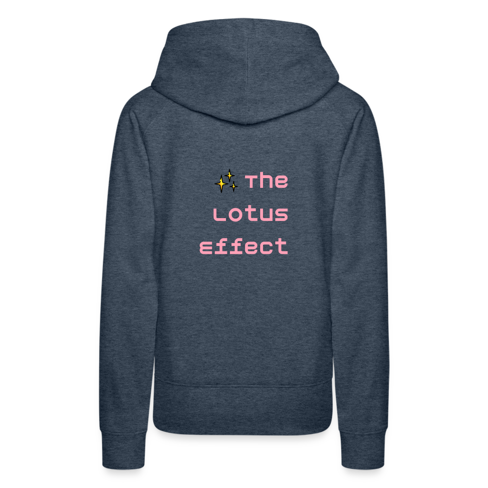 Emoji Expression: Lotus Moji + Sparkles Moji + "The Lotus Effect" Text Women’s Cut Premium Hoodie (Two-Sided) - Emoji.Express - heather denim