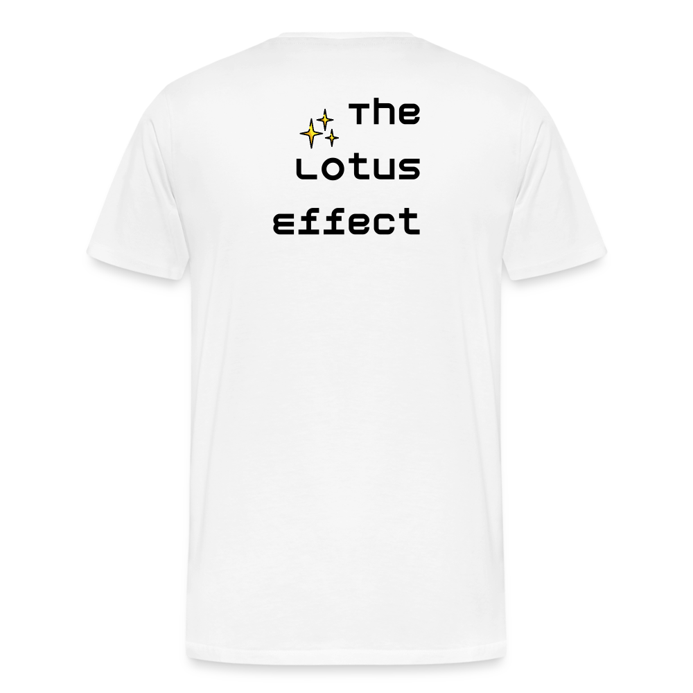 Emoji Expression: Lotus Moji + Sparkles Moji + "The Lotus Effect" Text Men’s Cut Premium T-Shirt (Two-Sided) - Emoji.Express - white