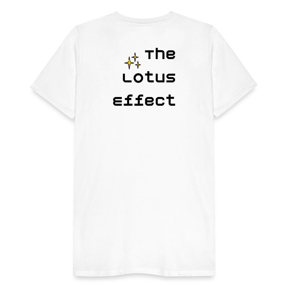 Emoji Expression: Lotus Moji + Sparkles Moji + "The Lotus Effect" Text Men’s Cut Premium T-Shirt (Two-Sided) - Emoji.Express - white