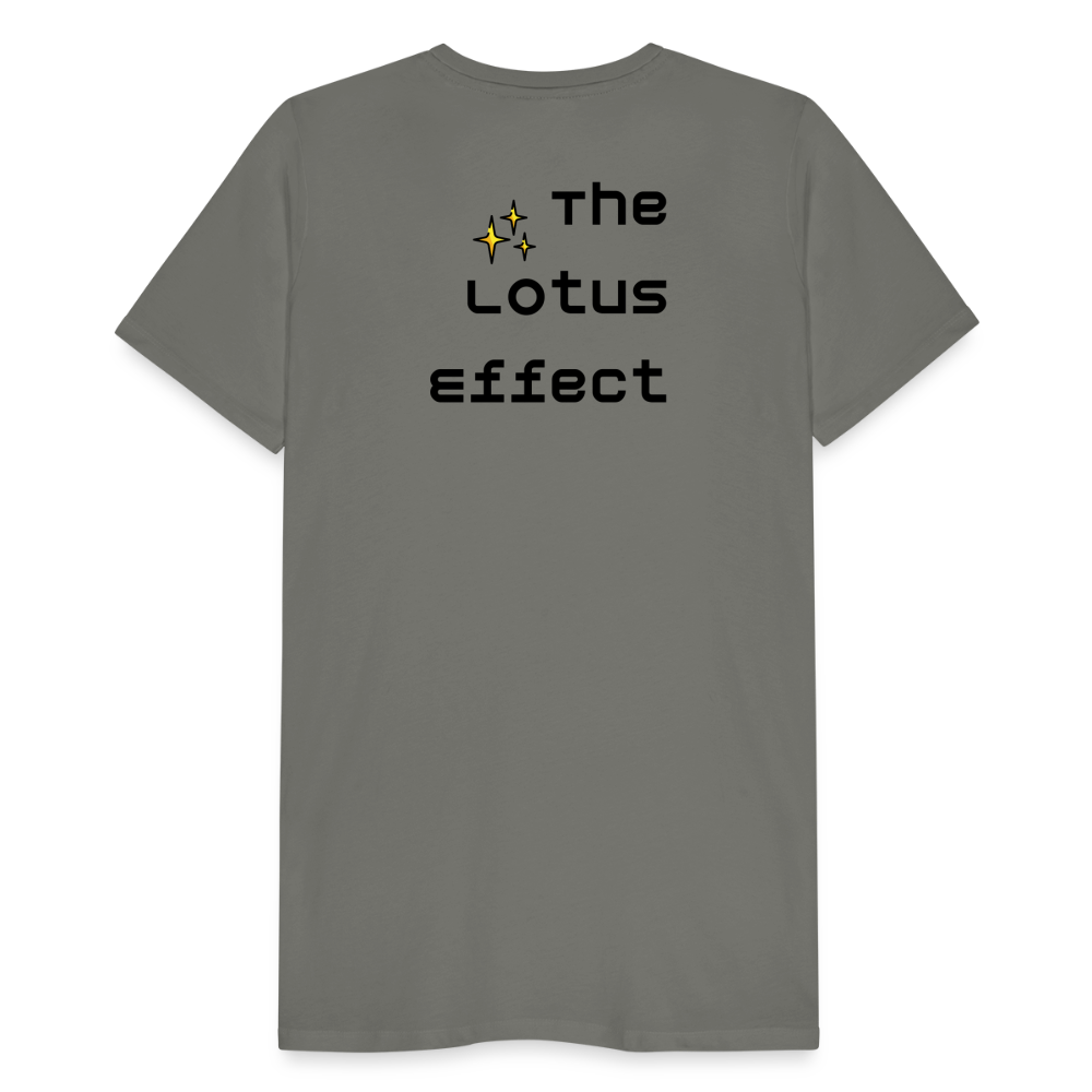 Emoji Expression: Lotus Moji + Sparkles Moji + "The Lotus Effect" Text Men’s Cut Premium T-Shirt (Two-Sided) - Emoji.Express - asphalt gray