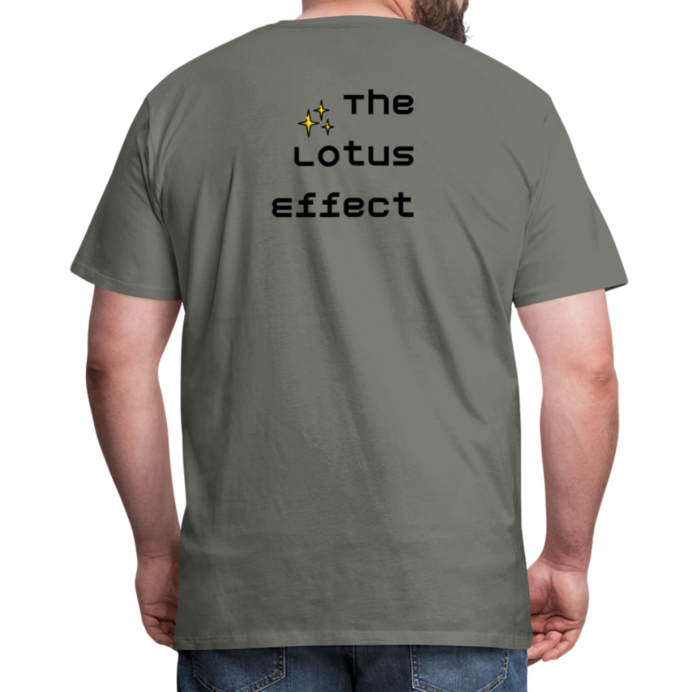 Emoji Expression: Lotus Moji + Sparkles Moji + "The Lotus Effect" Text Men’s Cut Premium T-Shirt (Two-Sided) - Emoji.Express - asphalt gray