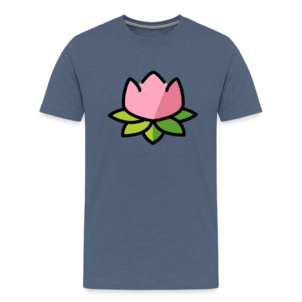 Emoji Expression: Lotus Moji + Sparkles Moji + "The Lotus Effect" Text Men’s Cut Premium T-Shirt (Two-Sided) - Emoji.Express - heather blue