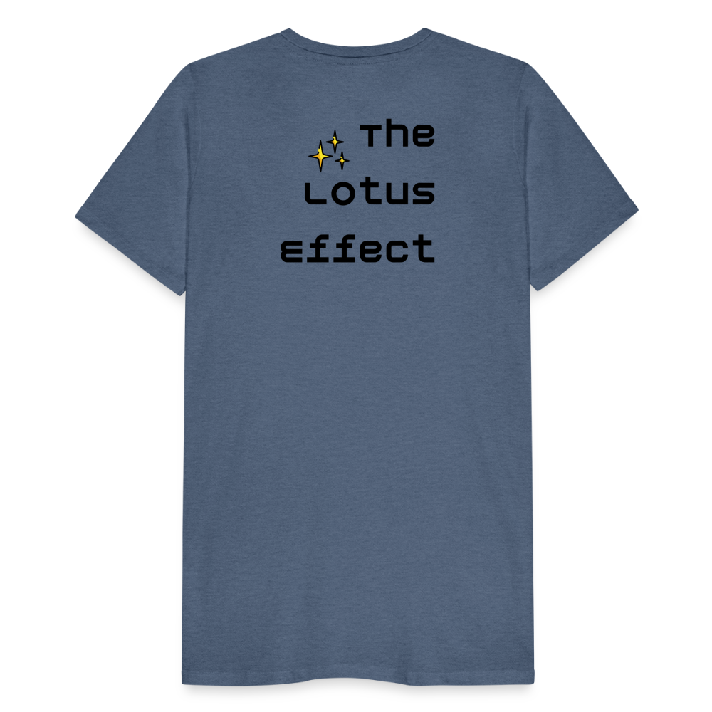 Emoji Expression: Lotus Moji + Sparkles Moji + "The Lotus Effect" Text Men’s Cut Premium T-Shirt (Two-Sided) - Emoji.Express - heather blue