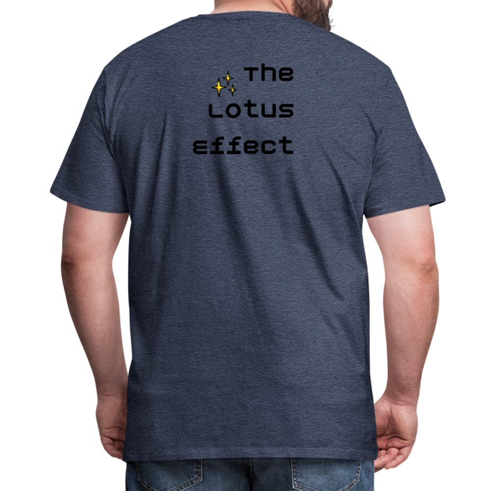 Emoji Expression: Lotus Moji + Sparkles Moji + "The Lotus Effect" Text Men’s Cut Premium T-Shirt (Two-Sided) - Emoji.Express - heather blue