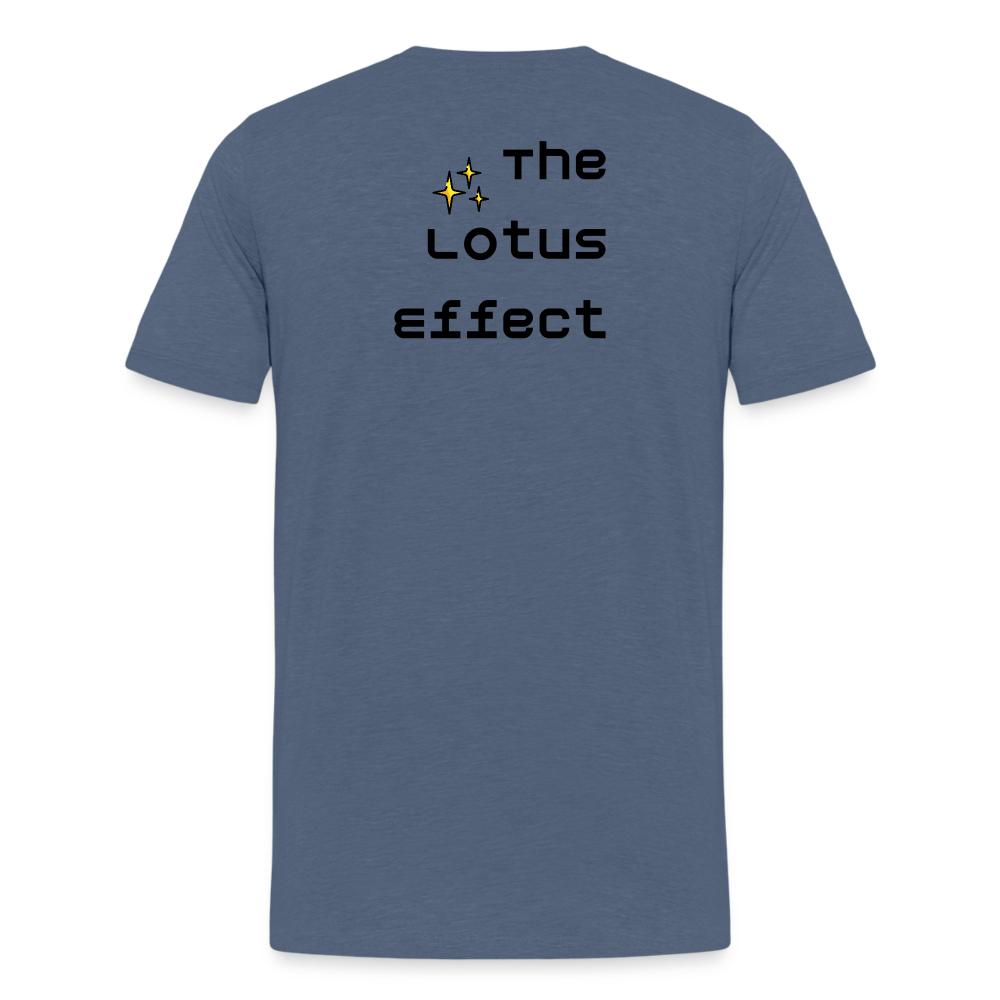 Emoji Expression: Lotus Moji + Sparkles Moji + "The Lotus Effect" Text Men’s Cut Premium T-Shirt (Two-Sided) - Emoji.Express - heather blue