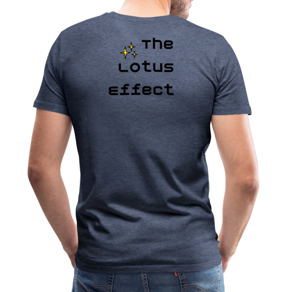 Emoji Expression: Lotus Moji + Sparkles Moji + "The Lotus Effect" Text Men’s Cut Premium T-Shirt (Two-Sided) - Emoji.Express - heather blue