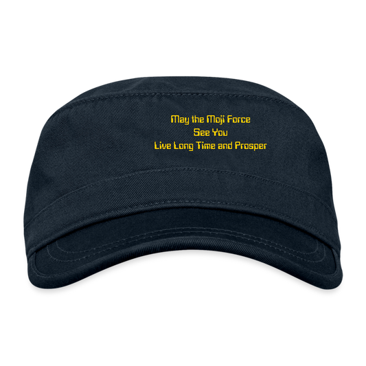 Emoji Expression: Vulcan Salture + May the Moji Force See You Live Long Time and Prosper Text (Double-Sided) Organic Cadet Cap - Emoji.Express - navy