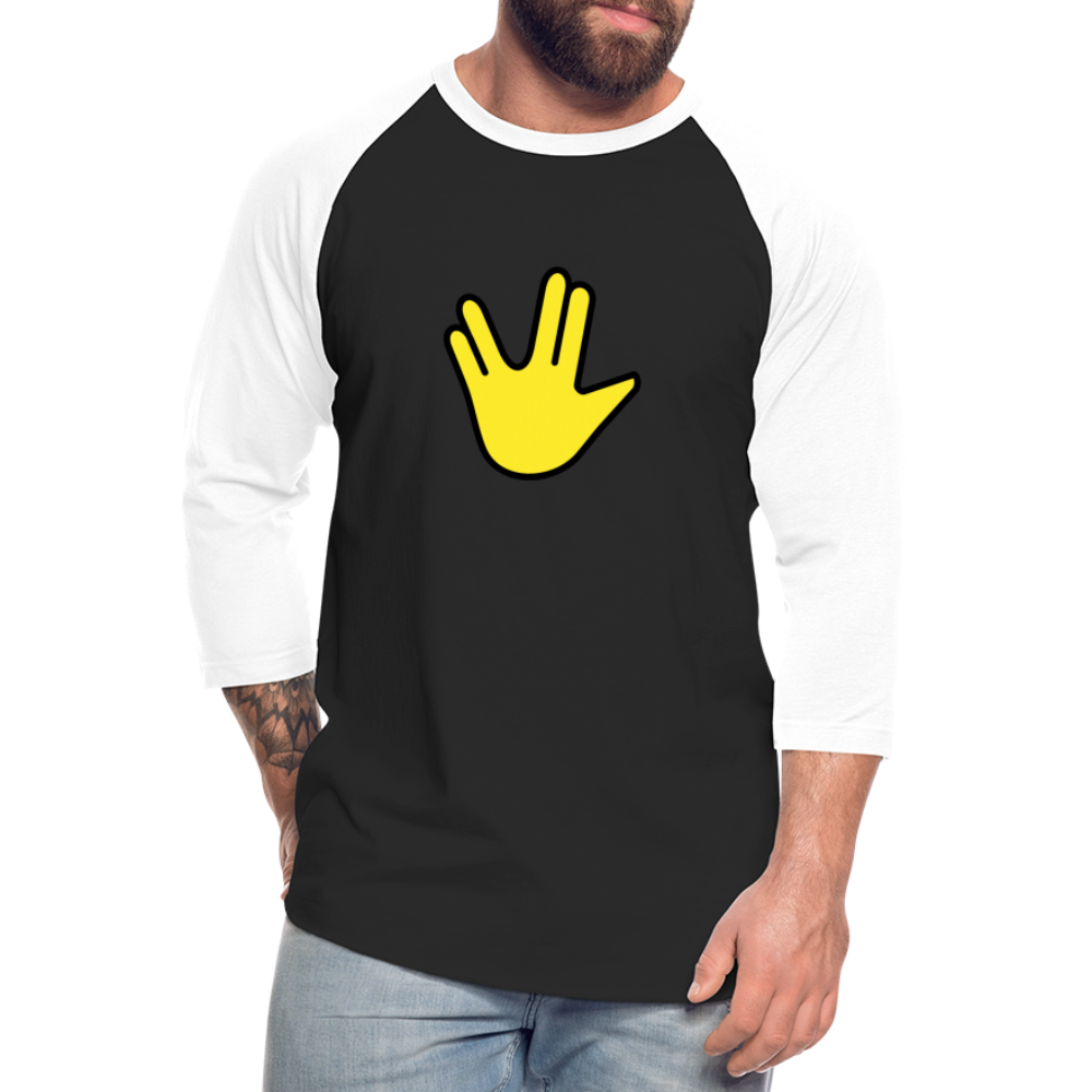 Emoji Expression: Vulcan Salute + May the Moji Force See You Live Long Time and Prosper Test (Double-Sided) Baseball T-Shirt - Emoji.Express - black/white