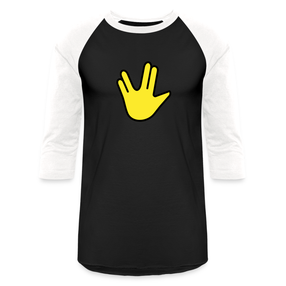 Emoji Expression: Vulcan Salute + May the Moji Force See You Live Long Time and Prosper Test (Double-Sided) Baseball T-Shirt - Emoji.Express - black/white