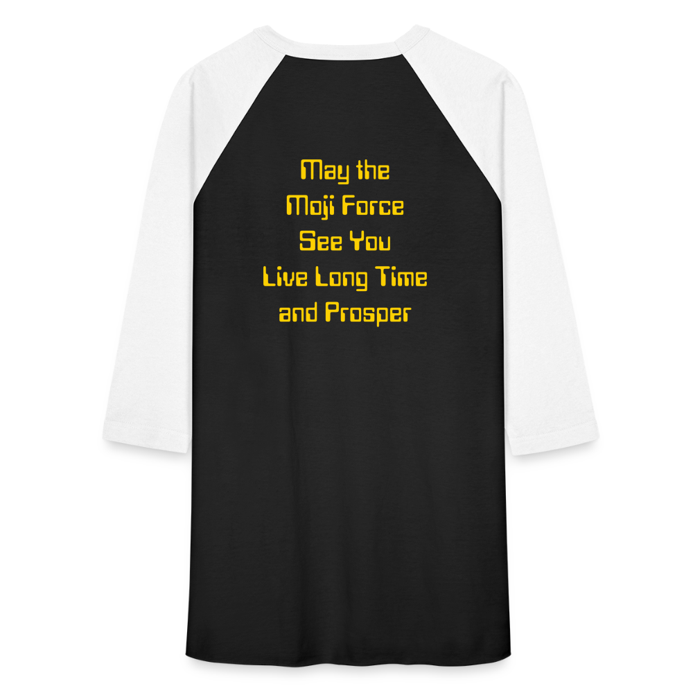 Emoji Expression: Vulcan Salute + May the Moji Force See You Live Long Time and Prosper Test (Double-Sided) Baseball T-Shirt - Emoji.Express - black/white