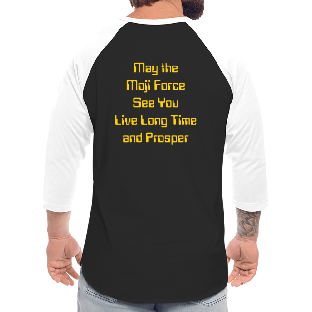 Emoji Expression: Vulcan Salute + May the Moji Force See You Live Long Time and Prosper Test (Double-Sided) Baseball T-Shirt - Emoji.Express - black/white