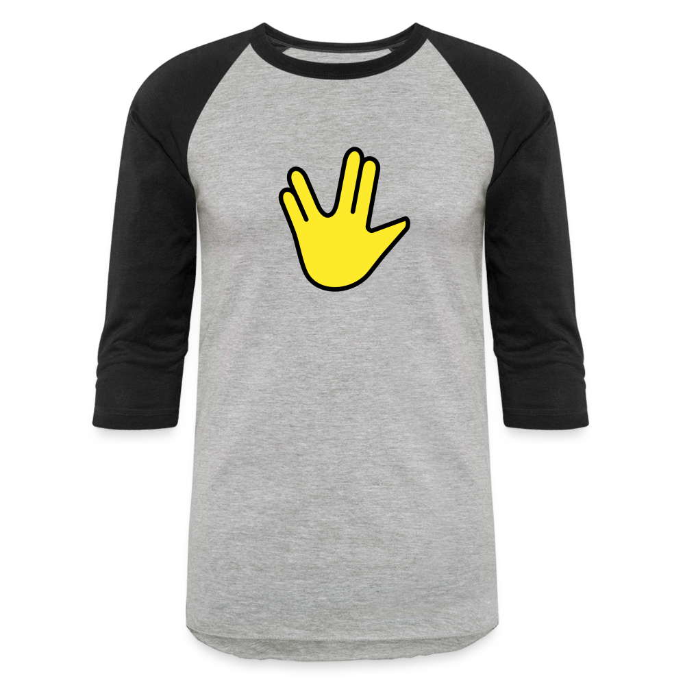 Emoji Expression: Vulcan Salute + May the Moji Force See You Live Long Time and Prosper Test (Double-Sided) Baseball T-Shirt - Emoji.Express - heather gray/black